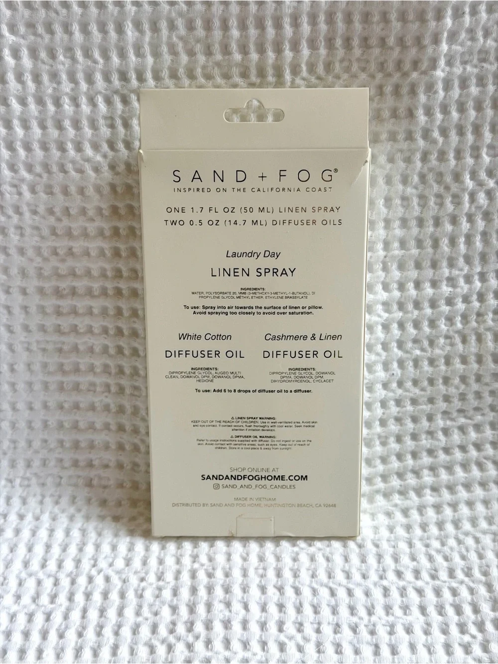 Sand + Fog Linen Collection Laundry Day Spray White Cotton Cashmere Diffuser Oil